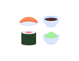 illustration Salmon nigiri, sushi with fish roe, a bowl of soy sauce, a bowl of wasabi. Tobiko and Susie. Japanese food. flat and minimalistic illustration design. vector elements. white background