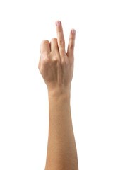Woman hand counting, pointing, touching, pressing isolated on white background, with clipping path. Five fingers. Full Depth of field. Focus stacking. 