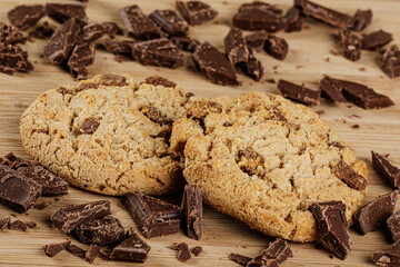 Delicious Chocolate Chip Cookies on a wooden background