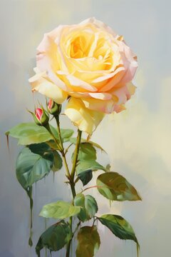 A painting of a yellow rose with green leaves. Digital image.