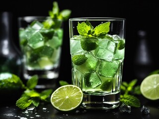 closeup photo of fresh cold alcholoic mojito cocktail glass with lime