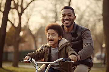 happy and excited ethnic family father teaches smiling child son to ride bike in park