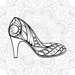 High heel shoe antistress coloring page. Vector fashion illustration.