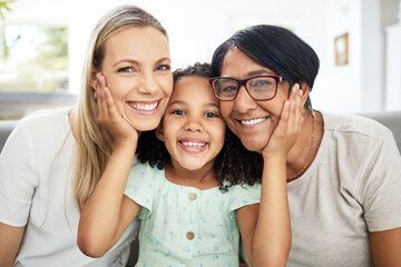 Interracial family, portrait and home with love, bonding and parent care with grandmother, mom and child. Happy, smile and living room with children and support together relax with grandparents