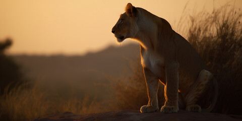 Lioness sitting and looking at distance