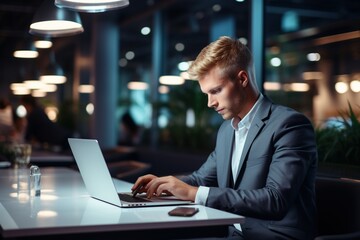 Businessman using laptop and tablet, surfing web, gathering information in office for online work.