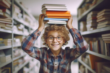 A smart boy with glasses balancing a stack of books on his head while in the school library preparing for an exam,back to school concept