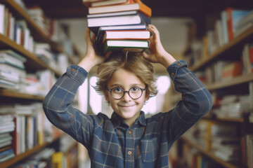 A student with glasses holding a stack of books in the school library while researching for a class assignment,back to school concept