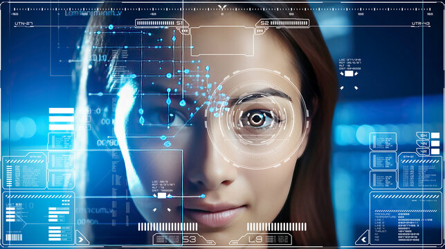 human face scrutinized with biometric analysis with a  facial recognition program, generative ai