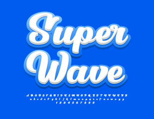 Vector template sign Super Wave with handwritten Alphabet Letters and Numbers set. Blue and White creative Font