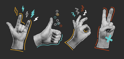 Popart collage grunge set with hands gestures cutout paper shapes. Retro pop psychedelic vector halftone effect with doodle elements. Dadaism style stickers. Grunge punk collection. Lightning blah lin