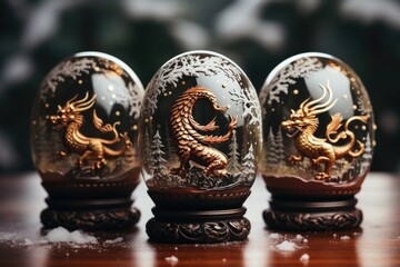 Souvenirs in form of dragons on blurred Christmas background. Dragon - symbol of New Year 2024.
