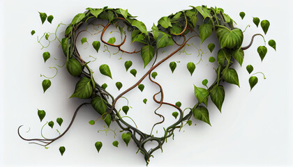Twisted jungle vines liana plant with heart shaped young green leaves isolated on white background,  heart shape made of leaves, Ai generated image 
