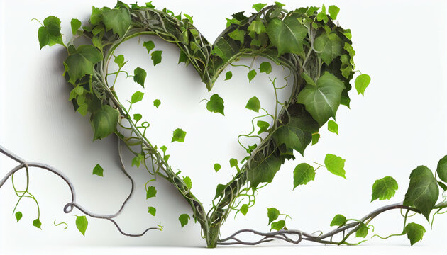 Twisted jungle vines liana plant with heart shaped young green leaves isolated on white background,  heart shape made of leaves, Ai generated image 