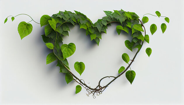 Twisted jungle vines liana plant with heart shaped young green leaves isolated on white background,  heart shape made of leaves, Ai generated image 