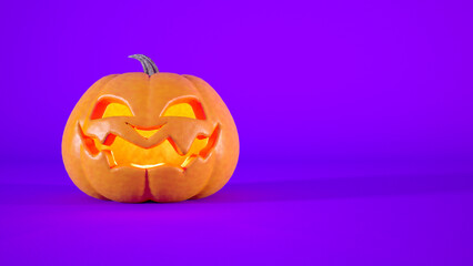 Halloween concept jack o lantern isolated on purple background with copy space.