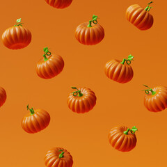 Cartoon Halloween pumpkin pattern on yellow background. 3d render