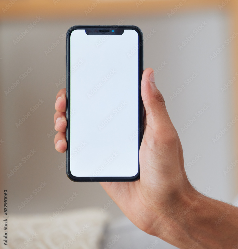 Poster phone screen, mockup and online with hands of man for networking, social media and space. internet, 