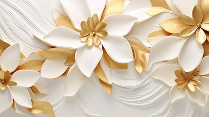 flower leaf branch sculpture style illustration in gold  white ceramic tone color, Generative Ai