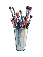 hand-drawn with liner and watercolor illustration with artistic materials: brushes, pencils, scissors in a light plain glass on a white background