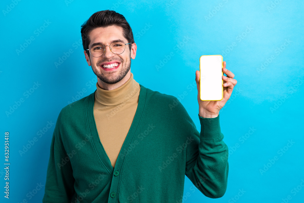 Aufkleber portrait of cheerful successful man toothy smile hand hold demonstrate empty space smart phone displ