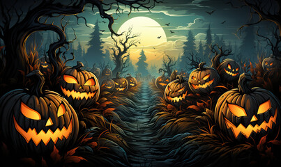 Halloween, sinister pumpkins on the background of nature.