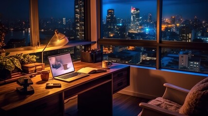 Night View of Clean Modern Home Office Setup with Laptop Under Cone of Light from Table Lamp, Dark Workspace Against Backdrop of City Lights
