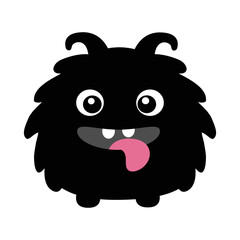 Cute monster. Happy Halloween. Funny head face with horns, teeth, tongue. Cartoon kawaii screaming boo funny baby character. Black silhouette smiling scary monsters. Flat design. White background.
