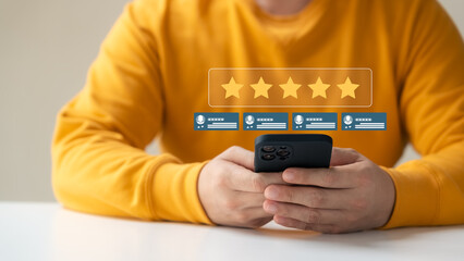 customer satisfaction survey concept business people use smartphone Touch the happy smiley icon. Satisfied. 5 stars. Service experience rating. online application Satisfaction Review best quality. - obrazy, fototapety, plakaty