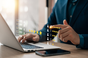 User give rating to service experience on online application, Customer review satisfaction feedback survey concept, Customer can evaluate quality of service leading to reputation ranking of business.