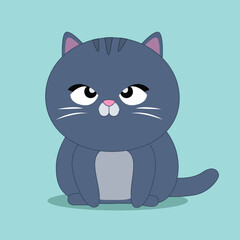 Cute funny fat cat sitting. Kitten with sad eyes. Head face silhouette icon. Cartoon baby character. Funny kawaii animal. Pet collection. Sticker print. Flat design. Blue background.