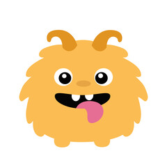 Cute monster. Happy Halloween. Funny head face with horns, teeth, tongue. Orange silhouette smiling scary monsters. Cartoon kawaii screaming boo funny baby character. Flat design. White background.