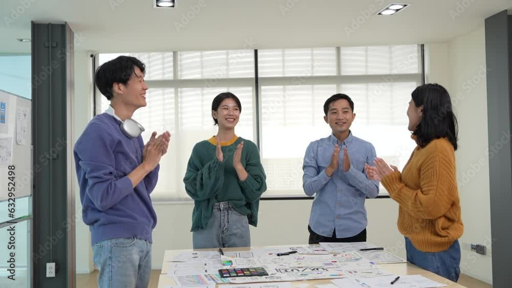 Poster business developer team creative asian in application development presentation meeting, mobile app s