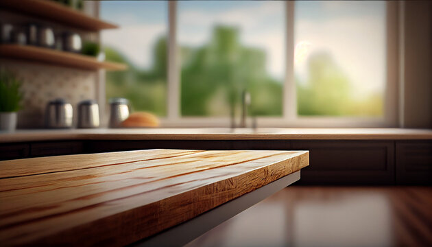 Wooden texture table top on blurred kitchen window background. For product display or design key visual layout. For showcase or montage your items, Ai generated image 