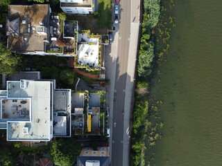 Aerial top down photo of the villas and road parallel with the river bank in Neuenheim, Heidelberg, Germany