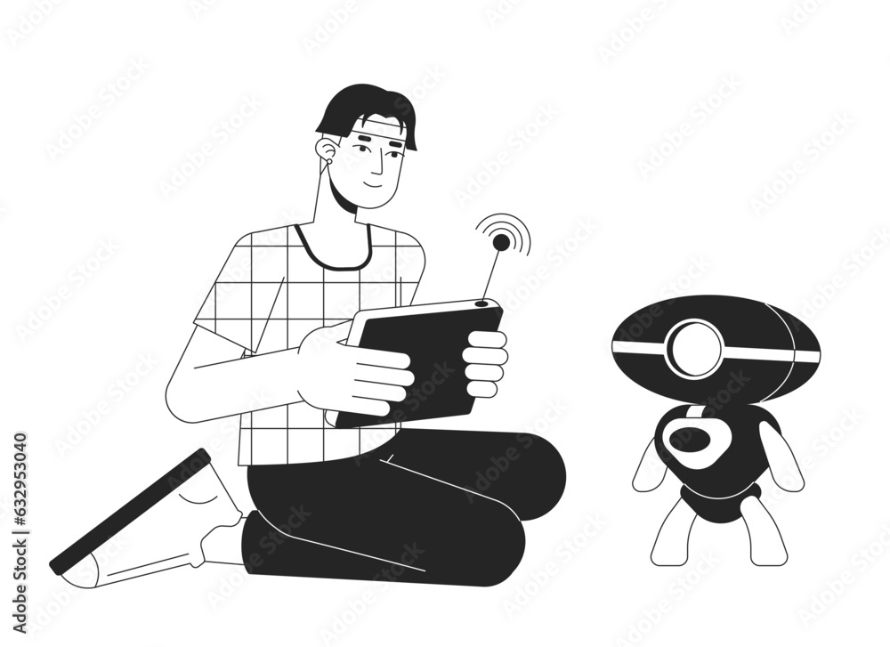 Poster robotics engineer bw concept vector spot illustration. man with wireless console testing robot 2d ca