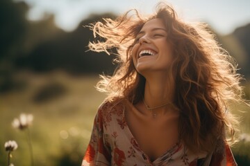 Young woman laughing heartily against a sunlit meadow - Pure joy - AI Generated