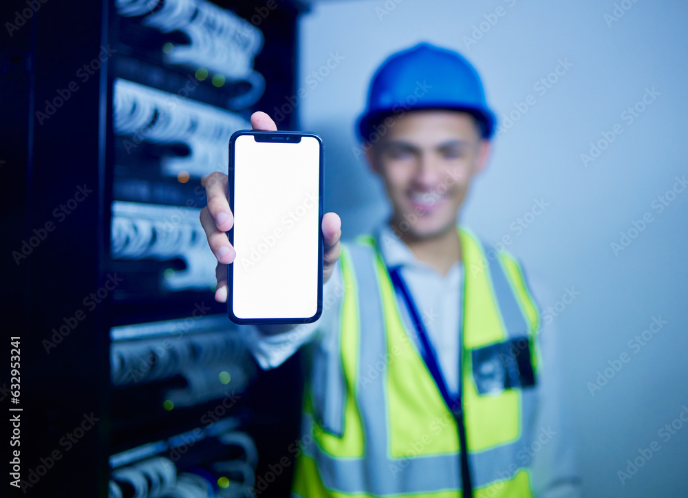 Poster phone, app and a man it engineer in a server room for cyber security, maintenance or to install soft