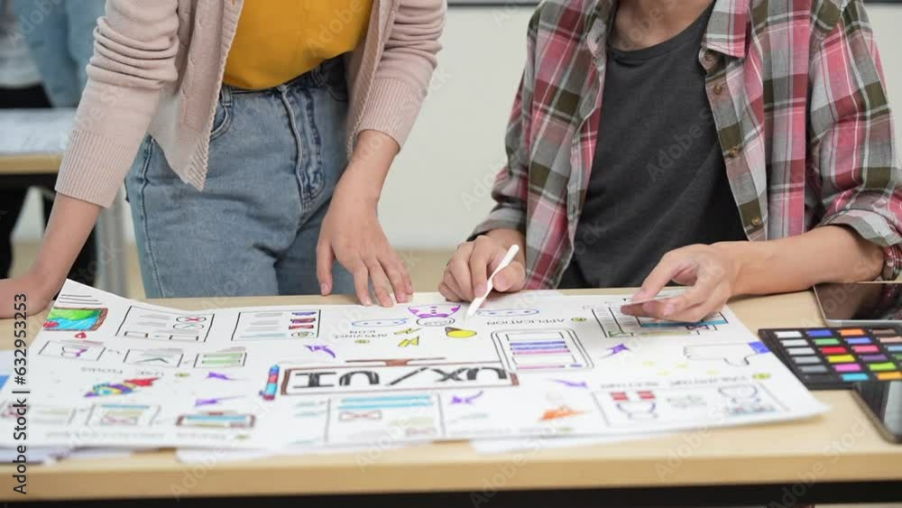 Aufkleber young asian business creative developer team work design. creative ui ux designer meeting planning d