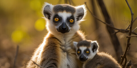 Fototapeta premium Adult lemur with baby looking at camera in the forest