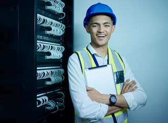 Engineering, portrait and man with tablet in server room for network maintenance, programming code...