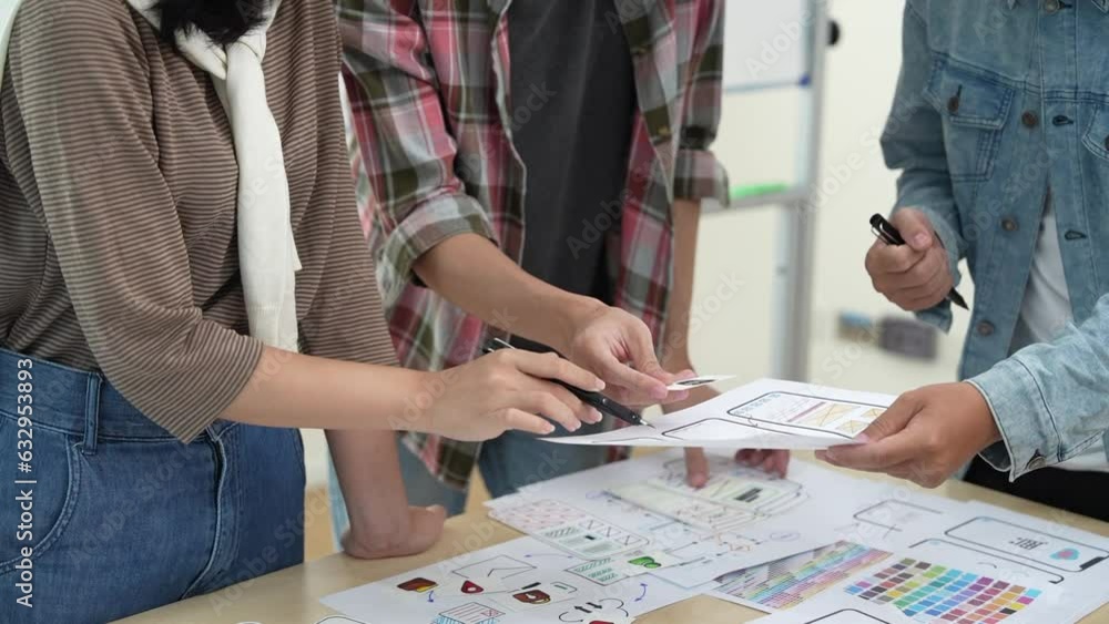Aufkleber young asian business creative developer team work design. creative ui ux designer meeting planning d