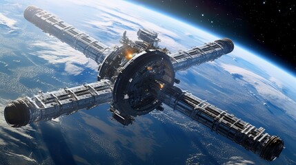 Massive Multinational Space Station Orbiting Planet Earth with a Sprawling Solar Panel Array Glittering Against the Vastness of Space - Powered by Adobe