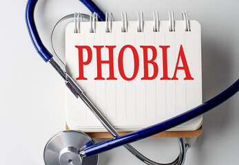 PHOBIA word on notebook with medical equipment on background