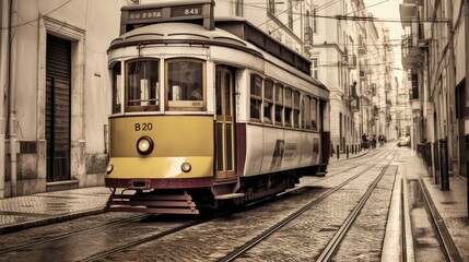 Fototapeta na wymiar Classic Bright Yellow Street Tram, an Iconic Piece of Vintage Transportation Rolling Down the Tracks Against a Backdrop of Traditional Architecture