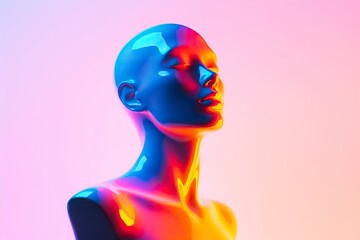 Modernism sculpture, bust of a woman on a plastic surface, with neon lighting, modern background.