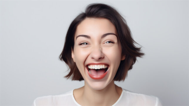 Portrait of young woman laughing with brown hair and red lipstick, showing emotions about happiness and fun, generative ai, illustration