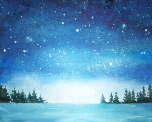 Watercolor illustration of night sky with fir trees and stars, snow falling on blue sky 