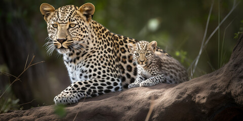 Fototapeta premium Adult leopard with baby looking in camera in the forest,close-up view blurry background , generative AI