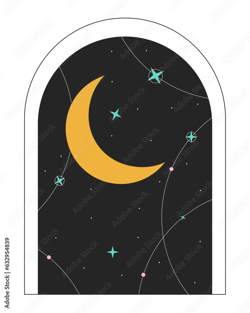 Poster galaxy door frame with crescent moon flat line color isolated vector object. astrology magic. editab